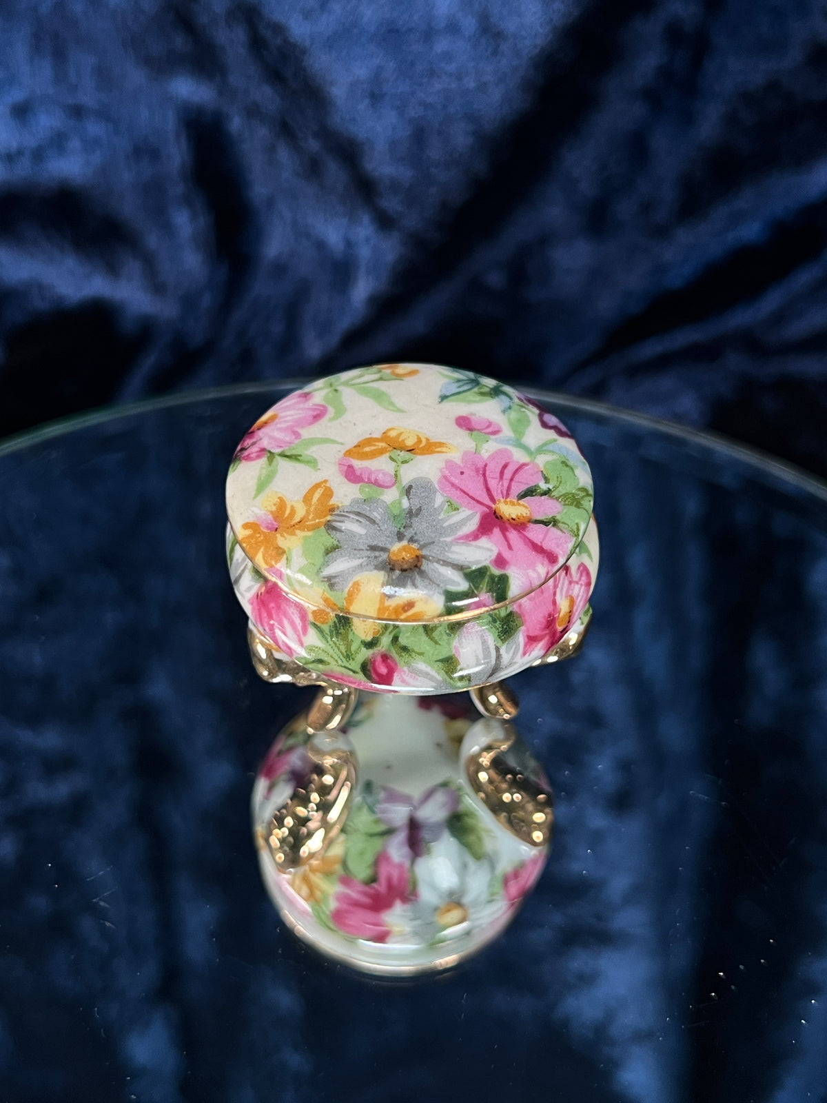 Vintage Ceramic Footed Trinket Box - Three Gold Feet and Pink Floral Motif