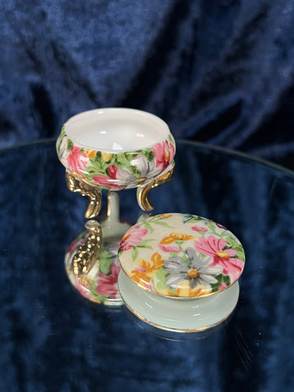 Vintage Ceramic Footed Trinket Box - Three Gold Feet and Pink Floral Motif
