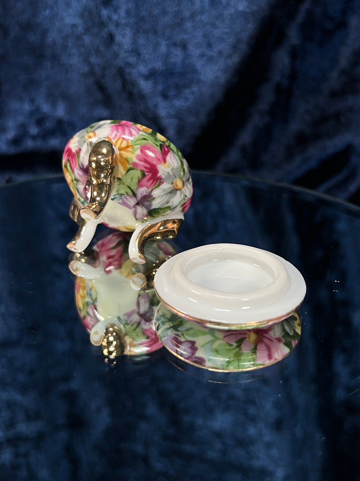 Vintage Ceramic Footed Trinket Box - Three Gold Feet and Pink Floral Motif