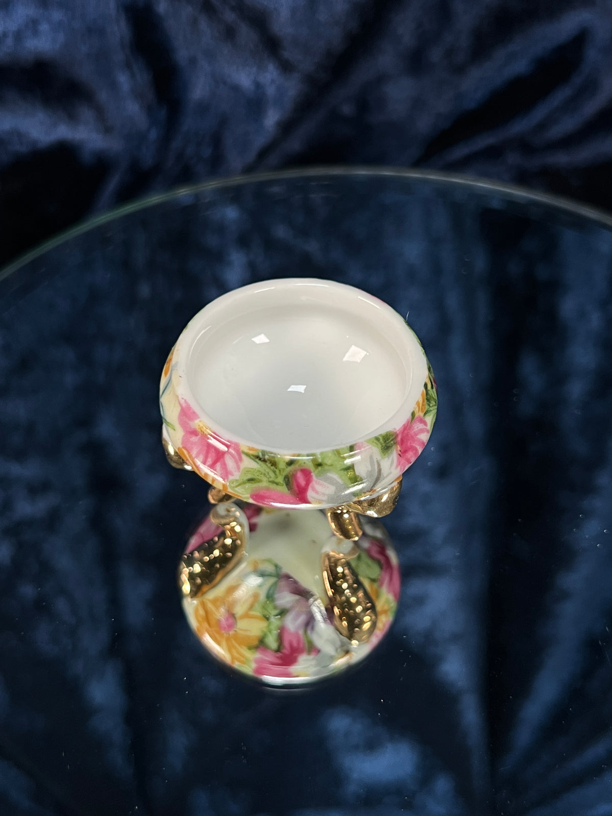 Vintage Ceramic Footed Trinket Box - Three Gold Feet and Pink Floral Motif