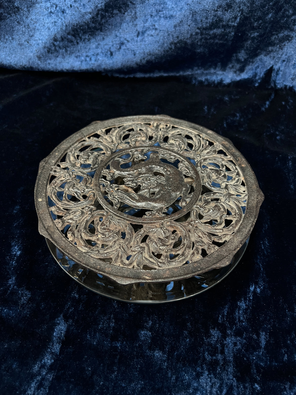 Vintage Cast Iron Trivet - Dragon and Scrolling Foliage Teapot Holder