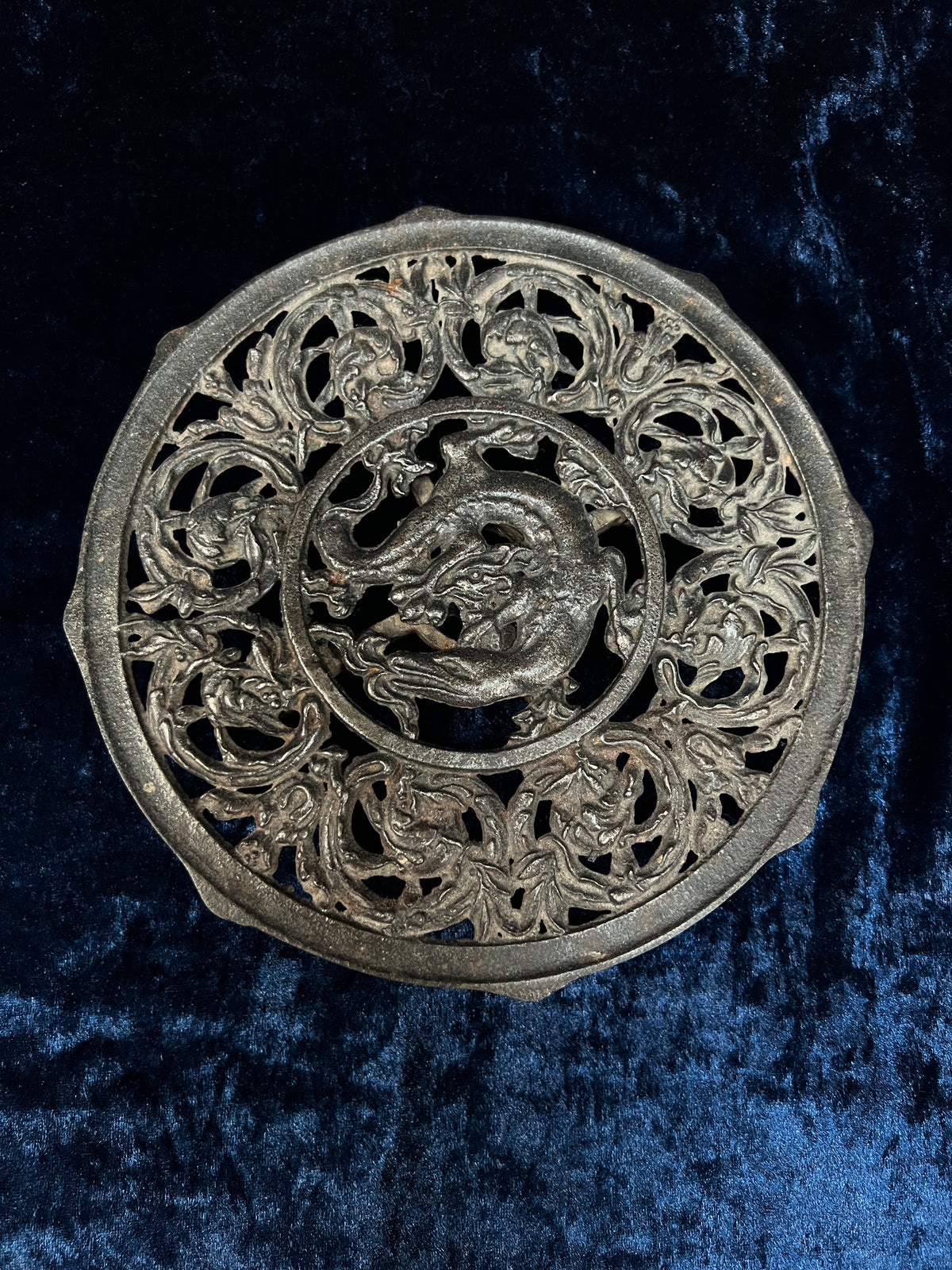 Vintage Cast Iron Trivet - Dragon and Scrolling Foliage Teapot Holder