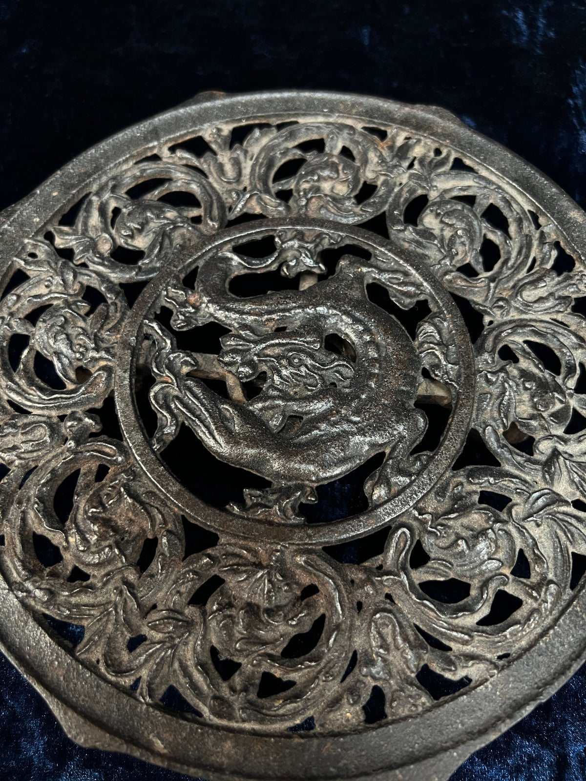 Vintage Cast Iron Trivet - Dragon and Scrolling Foliage Teapot Holder