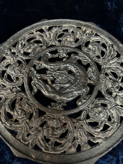 Vintage Cast Iron Trivet - Dragon and Scrolling Foliage Teapot Holder