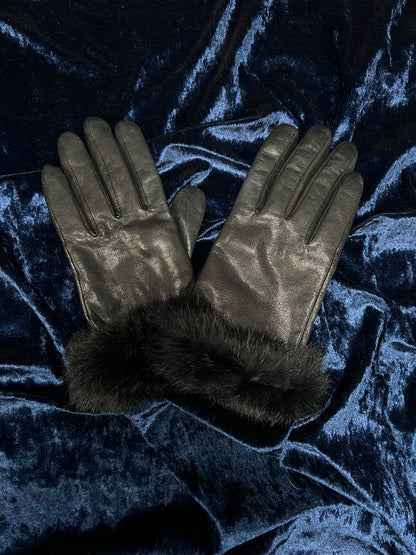 Vintage Wrist Length Leather Gloves - Black Faux Fur Wrist Cuffs