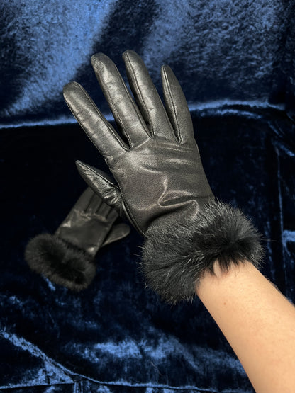Vintage Wrist Length Leather Gloves - Black Faux Fur Wrist Cuffs