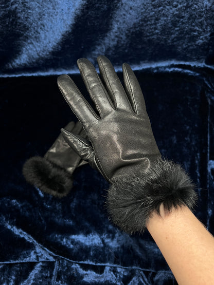 Vintage Wrist Length Leather Gloves - Black Faux Fur Wrist Cuffs