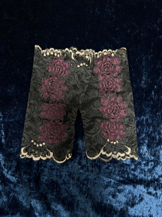 Vintage Mesh Lace Fingerless Gloves - Purple Floral Beaded Applique