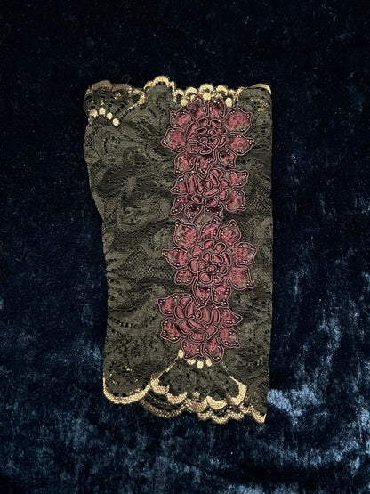 Vintage Mesh Lace Fingerless Gloves - Purple Floral Beaded Applique
