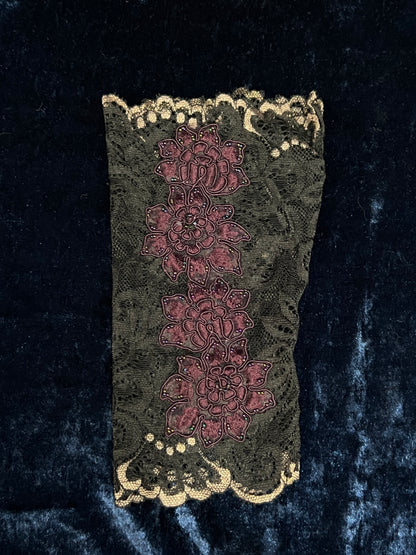 Vintage Mesh Lace Fingerless Gloves - Purple Floral Beaded Applique