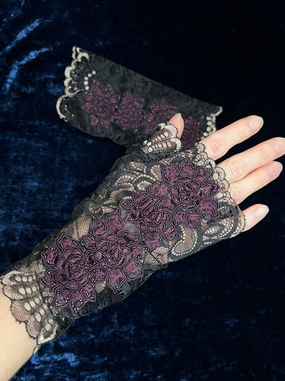 Vintage Mesh Lace Fingerless Gloves - Purple Floral Beaded Applique