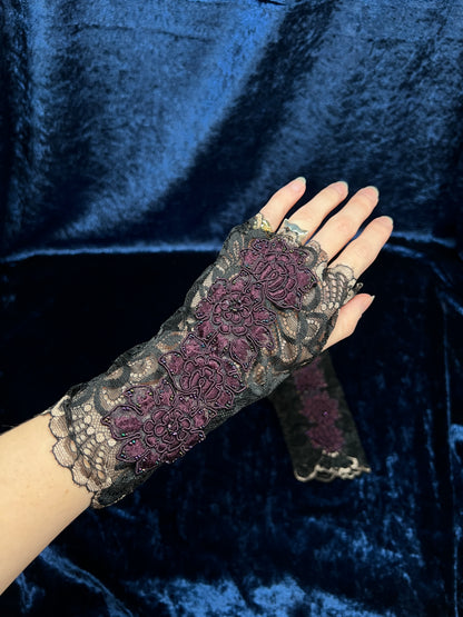 Vintage Mesh Lace Fingerless Gloves - Purple Floral Beaded Applique