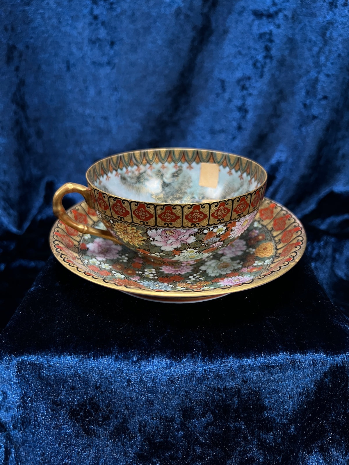 Antique Japanese Eggshell Porcelain Teacup and Saucer - Thousand Flowers and Landscape - Meiji Period