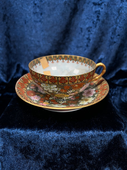 Antique Japanese Eggshell Porcelain Teacup and Saucer - Thousand Flowers and Landscape - Meiji Period