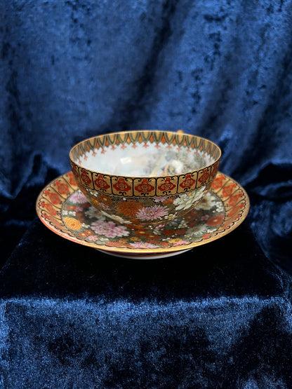 Antique Japanese Eggshell Porcelain Teacup and Saucer - Thousand Flowers and Landscape - Meiji Period
