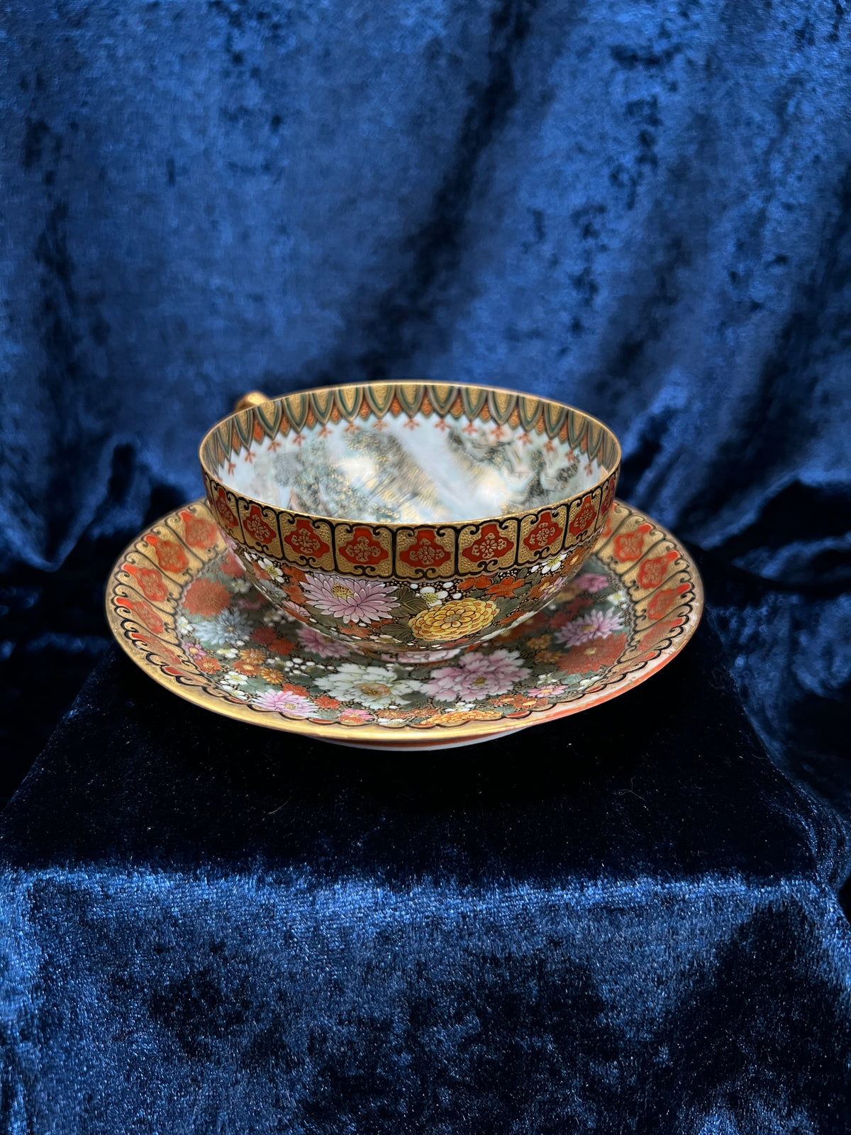 Antique Japanese Eggshell Porcelain Teacup and Saucer - Thousand Flowers and Landscape - Meiji Period