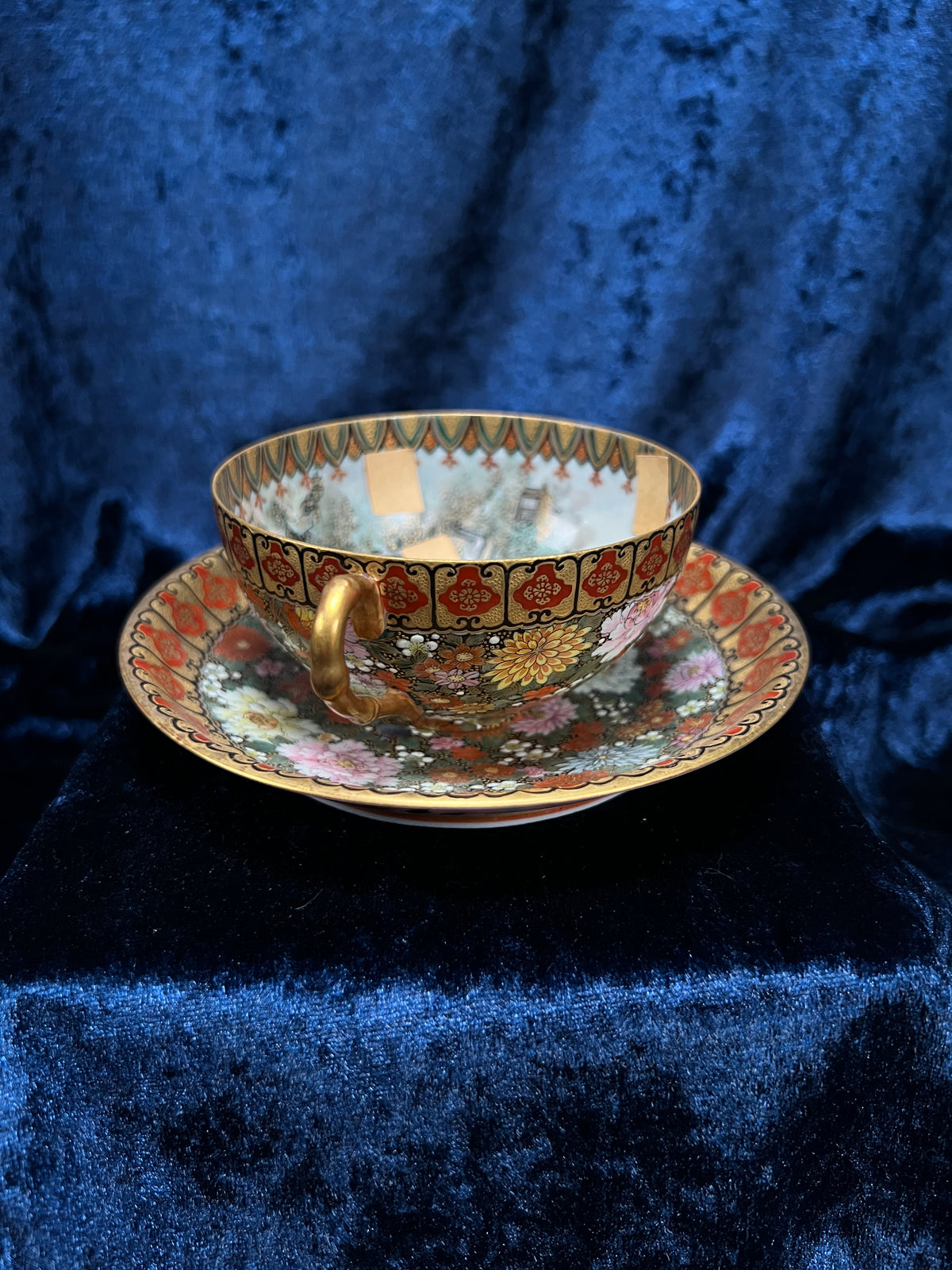 Antique Japanese Eggshell Porcelain Teacup and Saucer - Thousand Flowers and Landscape - Meiji Period