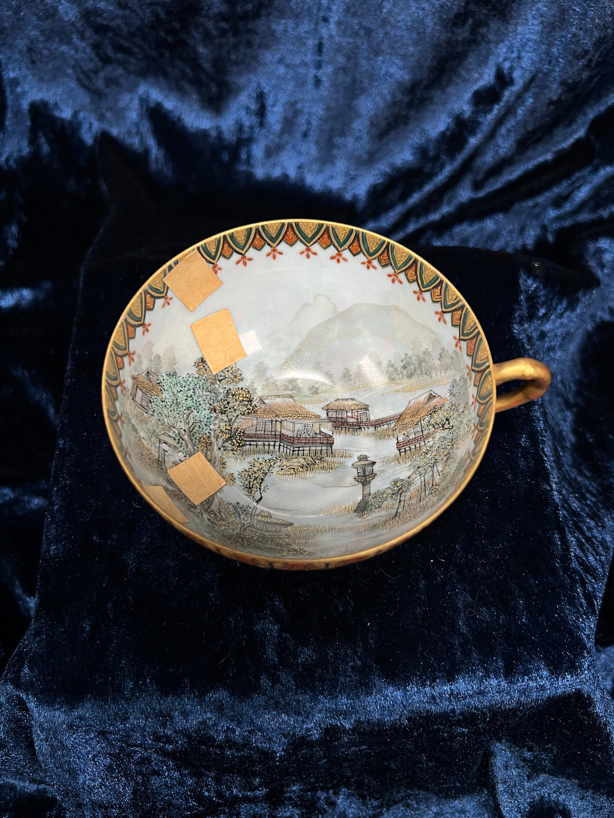 Antique Japanese Eggshell Porcelain Teacup and Saucer - Thousand Flowers and Landscape - Meiji Period