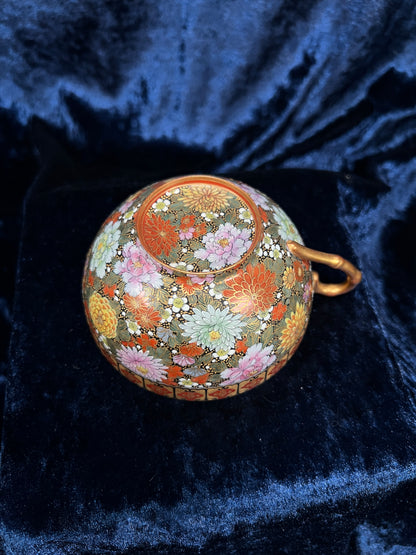 Antique Japanese Eggshell Porcelain Teacup and Saucer - Thousand Flowers and Landscape - Meiji Period