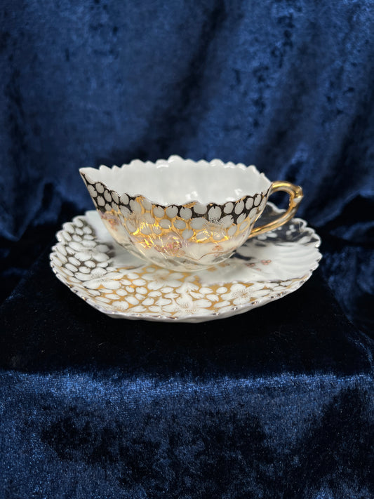Vintage Bone China Porcelain Creamer and Saucer - Leaf Shape with Sakura Blossom Pattern