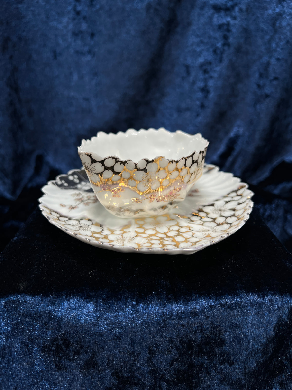Vintage Bone China Porcelain Creamer and Saucer - Leaf Shape with Sakura Blossom Pattern