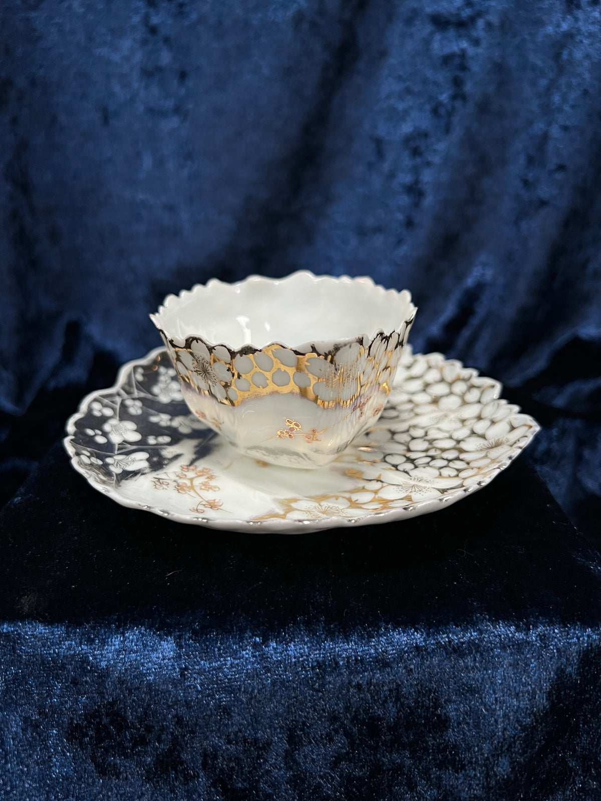 Vintage Bone China Porcelain Creamer and Saucer - Leaf Shape with Sakura Blossom Pattern