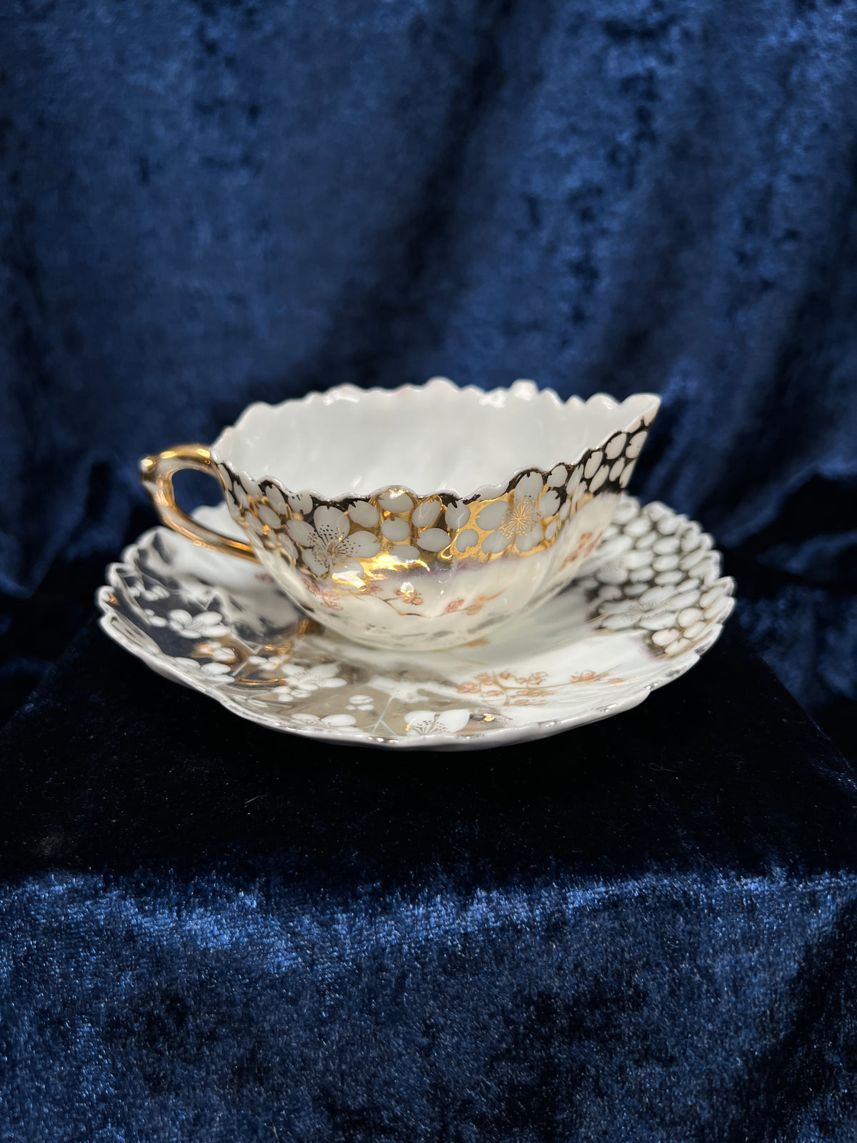 Vintage Bone China Porcelain Creamer and Saucer - Leaf Shape with Sakura Blossom Pattern