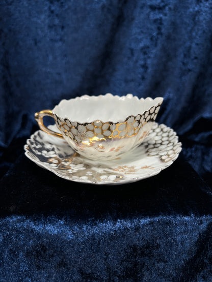 Vintage Bone China Porcelain Creamer and Saucer - Leaf Shape with Sakura Blossom Pattern