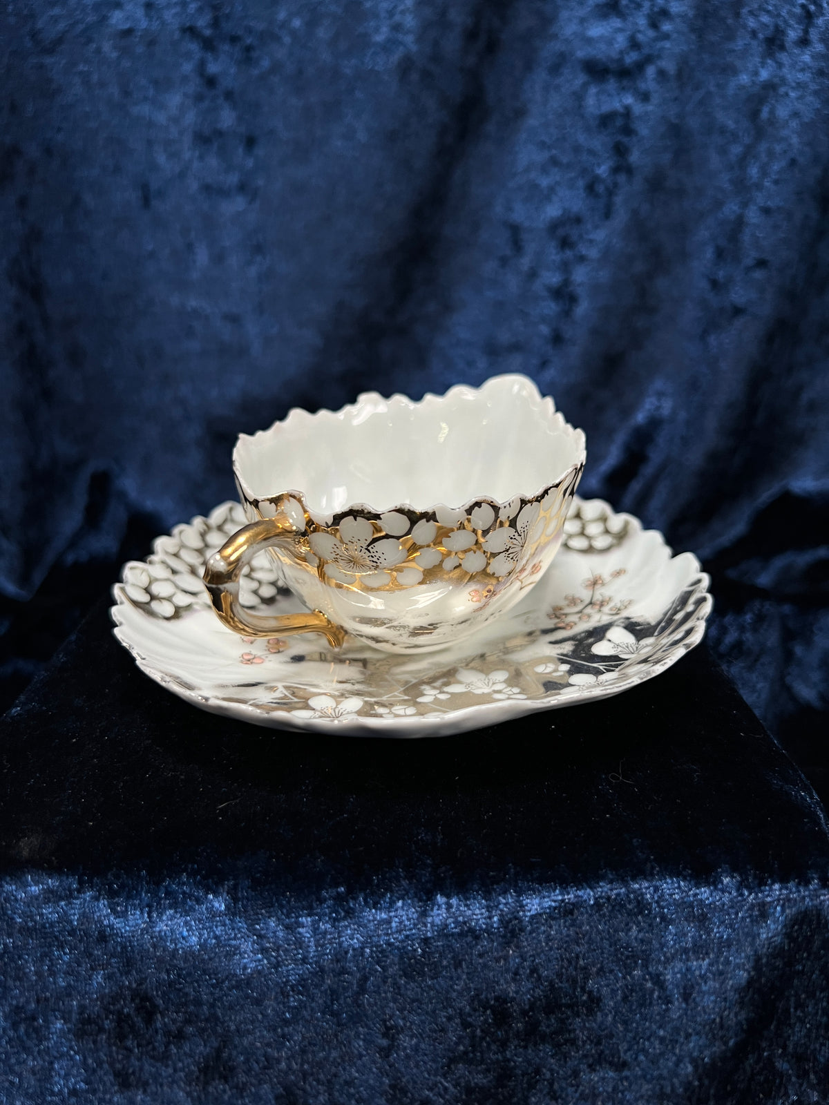 Vintage Bone China Porcelain Creamer and Saucer - Leaf Shape with Sakura Blossom Pattern