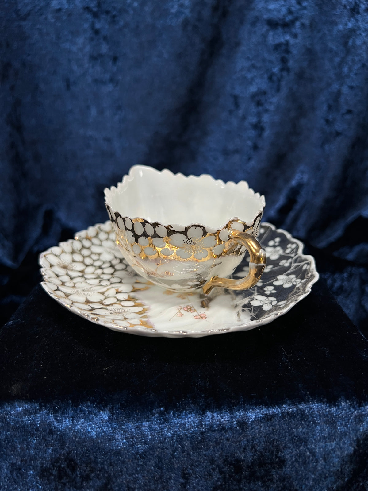 Vintage Bone China Porcelain Creamer and Saucer - Leaf Shape with Sakura Blossom Pattern