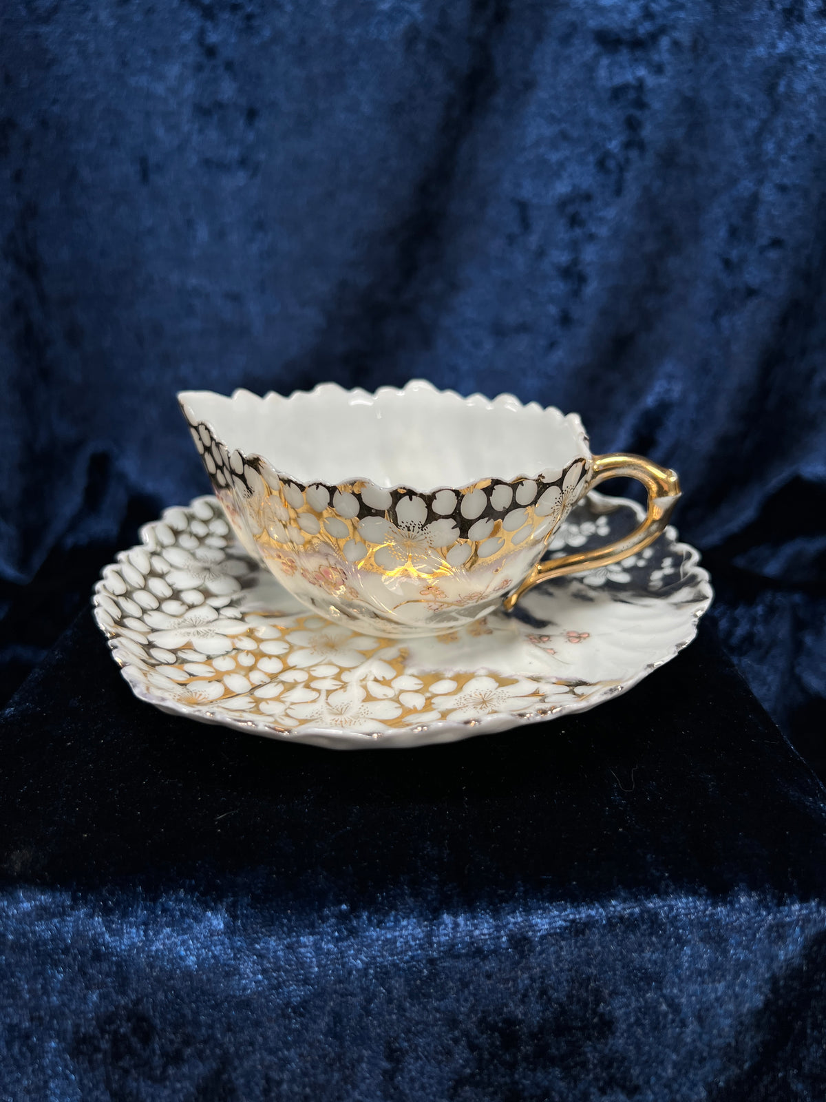 Vintage Bone China Porcelain Creamer and Saucer - Leaf Shape with Sakura Blossom Pattern
