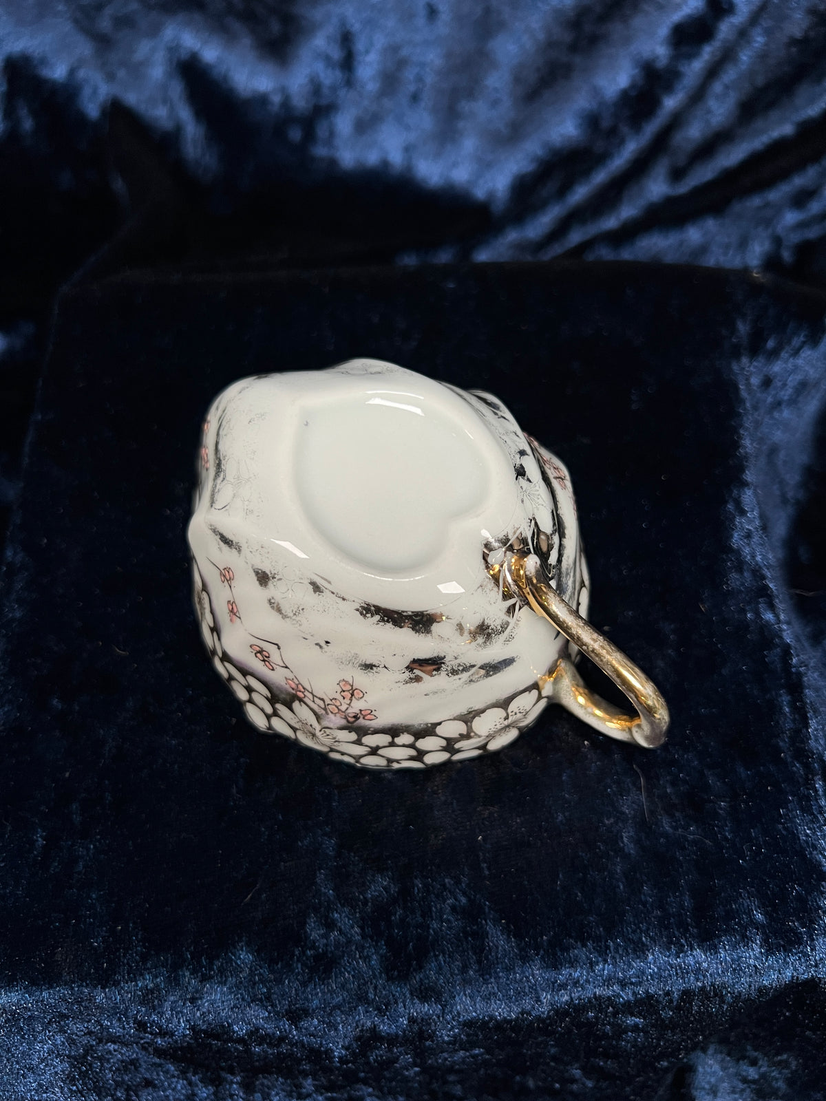 Vintage Bone China Porcelain Creamer and Saucer - Leaf Shape with Sakura Blossom Pattern