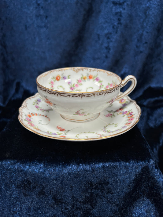 Vintage Dresden Bone China Teacup and Saucer - Hand-Painted Florals and Gold Filigree