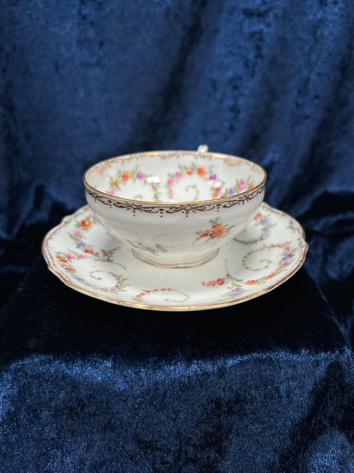 Vintage Dresden Bone China Teacup and Saucer - Hand-Painted Florals and Gold Filigree