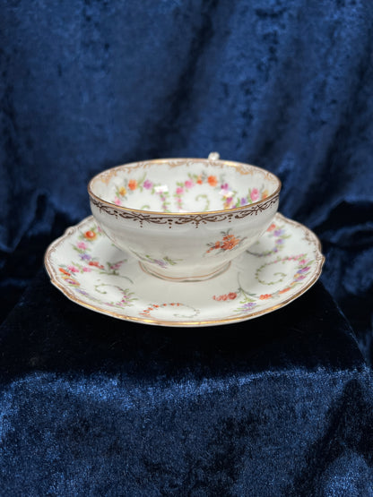 Vintage Dresden Bone China Teacup and Saucer - Hand-Painted Florals and Gold Filigree