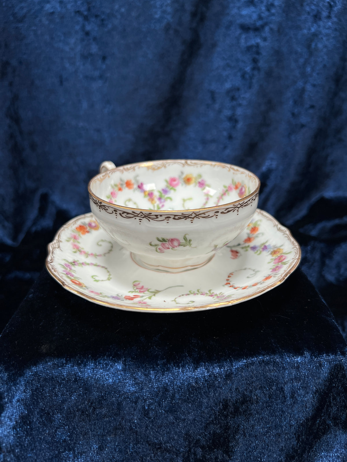 Vintage Dresden Bone China Teacup and Saucer - Hand-Painted Florals and Gold Filigree