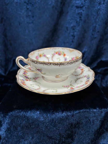 Vintage Dresden Bone China Teacup and Saucer - Hand-Painted Florals and Gold Filigree