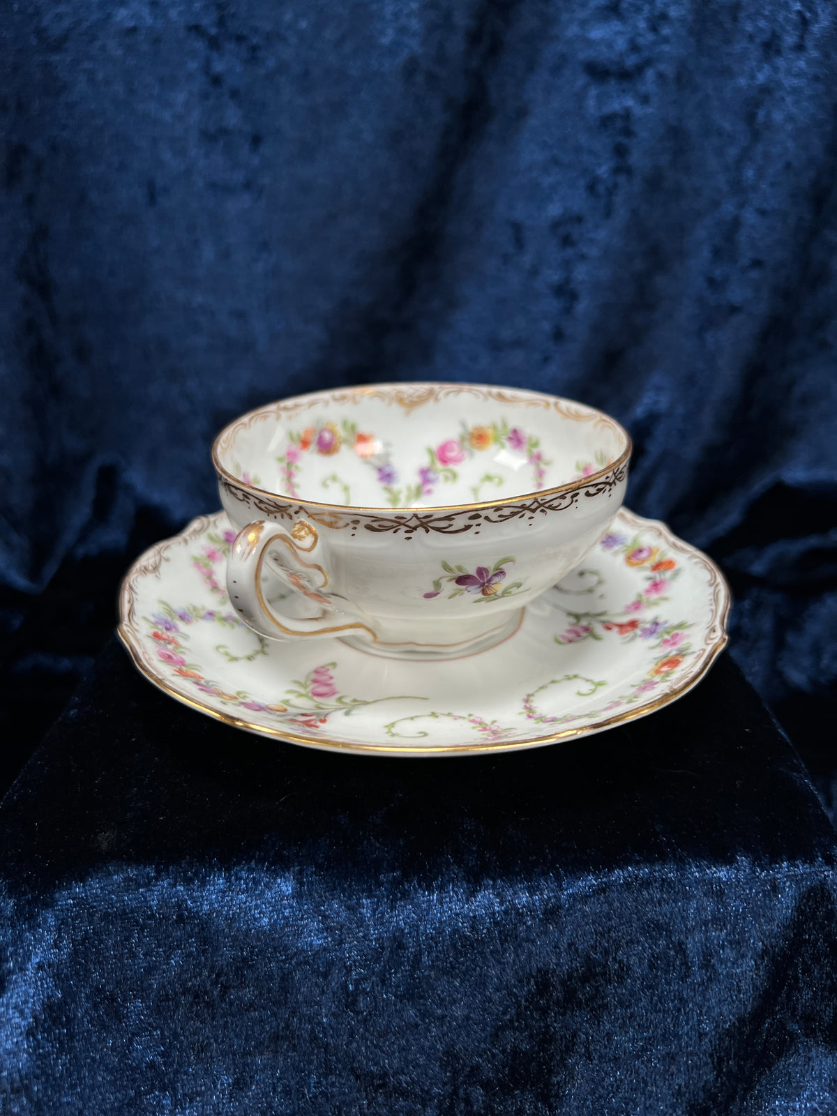 Vintage Dresden Bone China Teacup and Saucer - Hand-Painted Florals and Gold Filigree