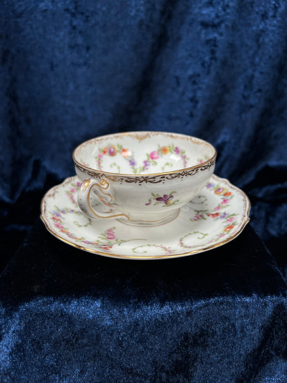 Vintage Dresden Bone China Teacup and Saucer - Hand-Painted Florals and Gold Filigree