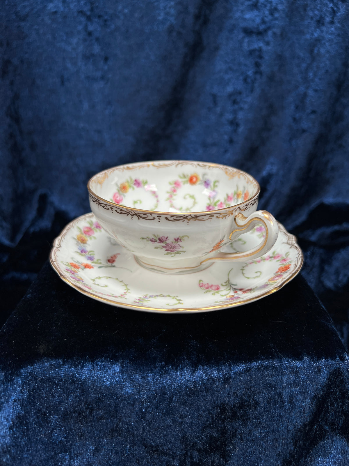 Vintage Dresden Bone China Teacup and Saucer - Hand-Painted Florals and Gold Filigree