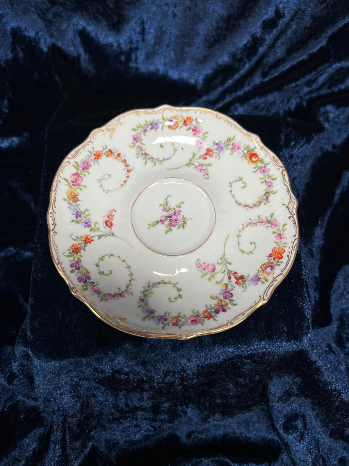 Vintage Dresden Bone China Teacup and Saucer - Hand-Painted Florals and Gold Filigree
