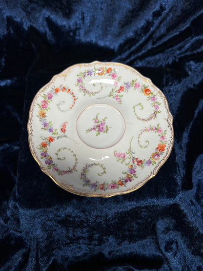 Vintage Dresden Bone China Teacup and Saucer - Hand-Painted Florals and Gold Filigree