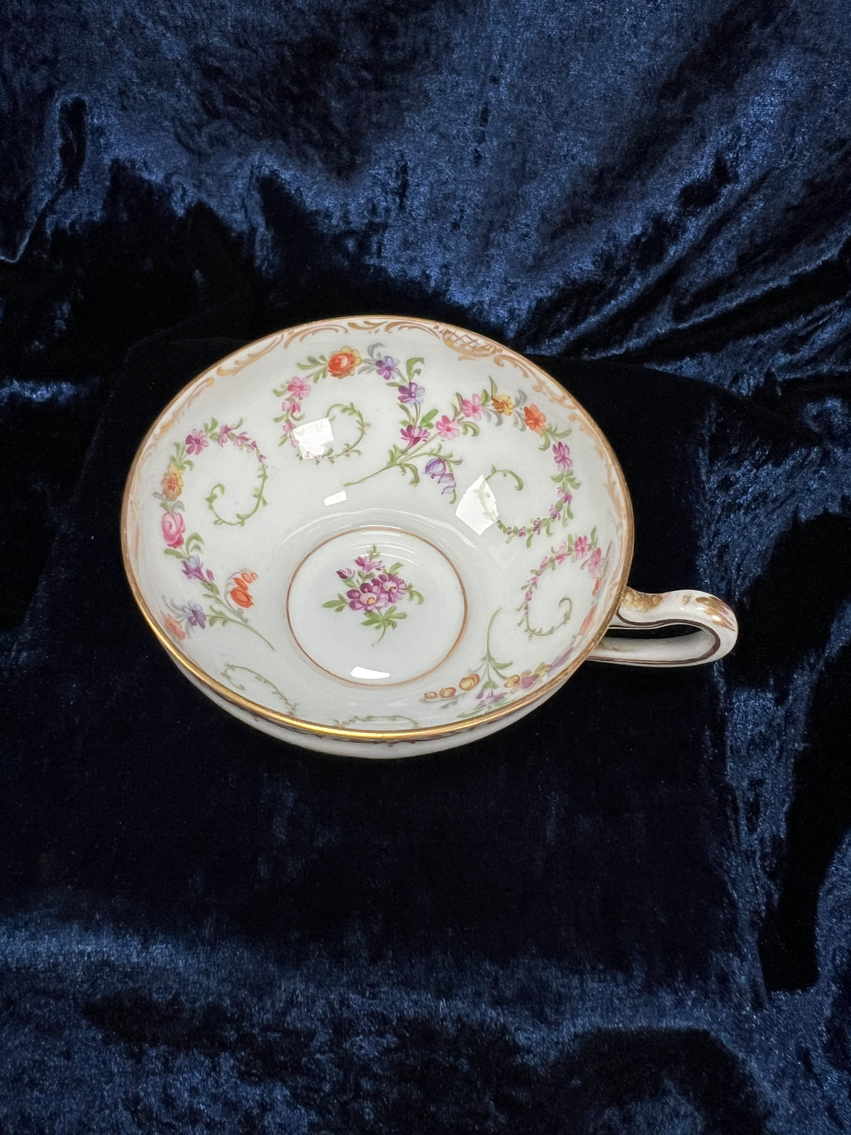 Vintage Dresden Bone China Teacup and Saucer - Hand-Painted Florals and Gold Filigree