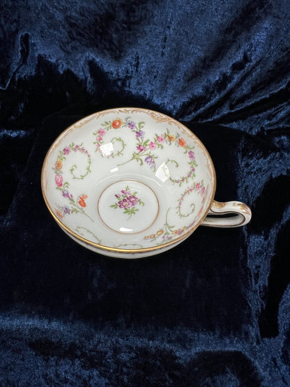 Vintage Dresden Bone China Teacup and Saucer - Hand-Painted Florals and Gold Filigree