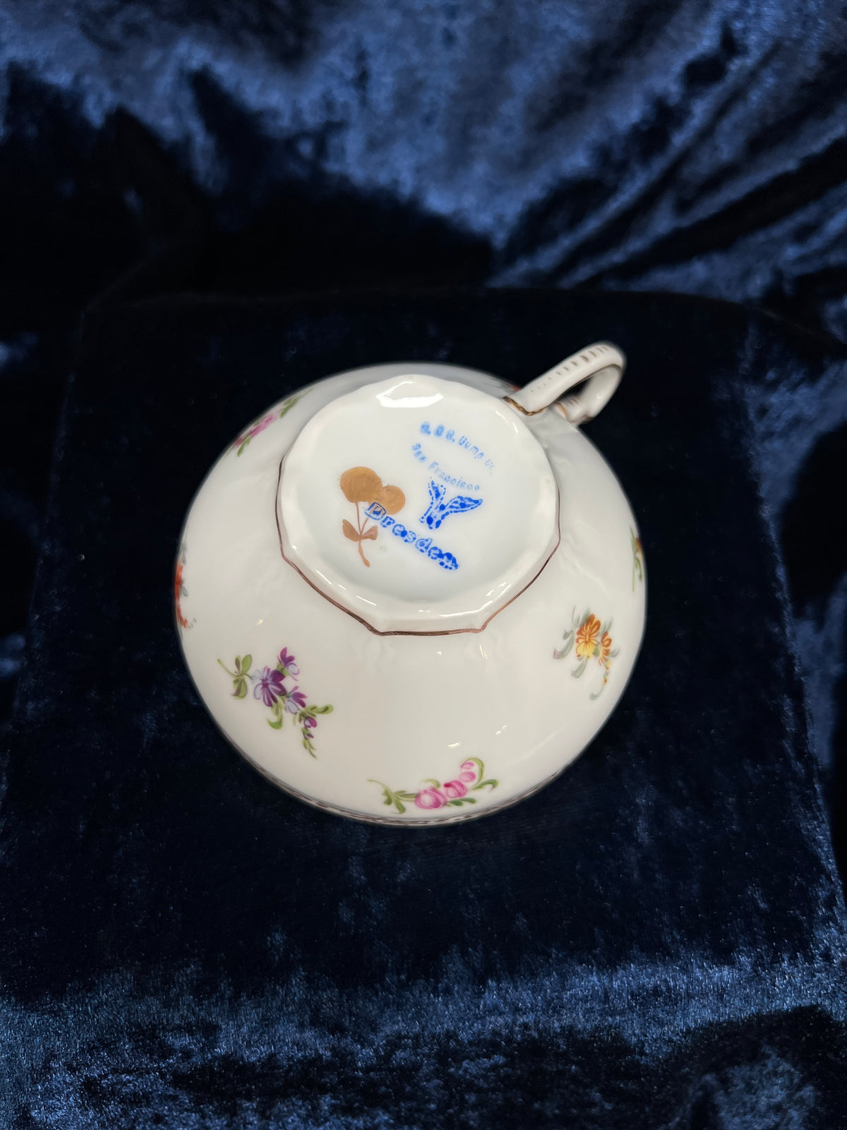 Vintage Dresden Bone China Teacup and Saucer - Hand-Painted Florals and Gold Filigree