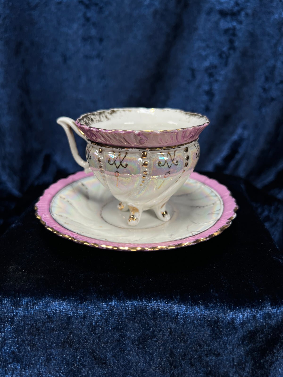 Vintage Porcelain Footed Demitasse Cup and Saucer - Purple and Gold Opalescent Finish