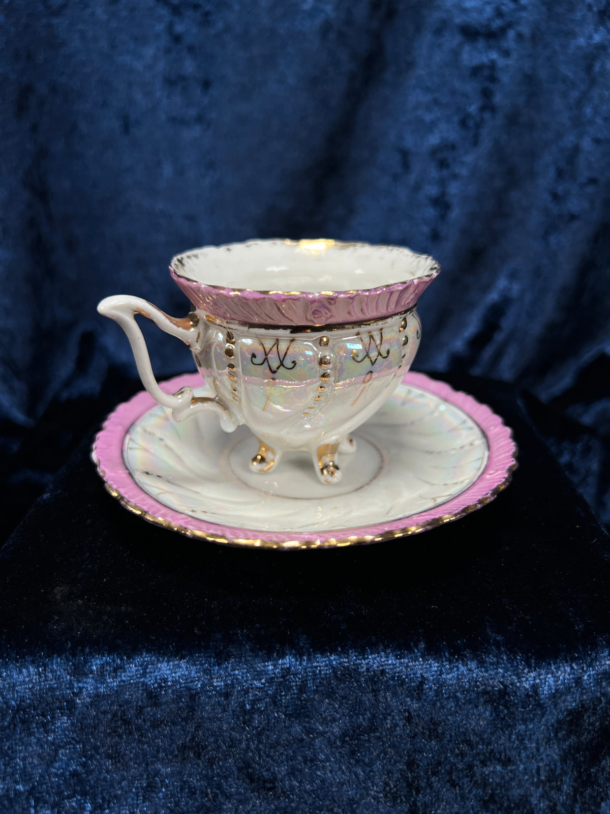 Vintage Porcelain Footed Demitasse Cup and Saucer - Purple and Gold Opalescent Finish