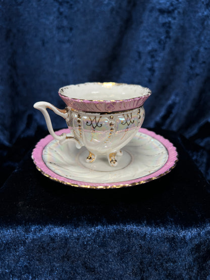 Vintage Porcelain Footed Demitasse Cup and Saucer - Purple and Gold Opalescent Finish
