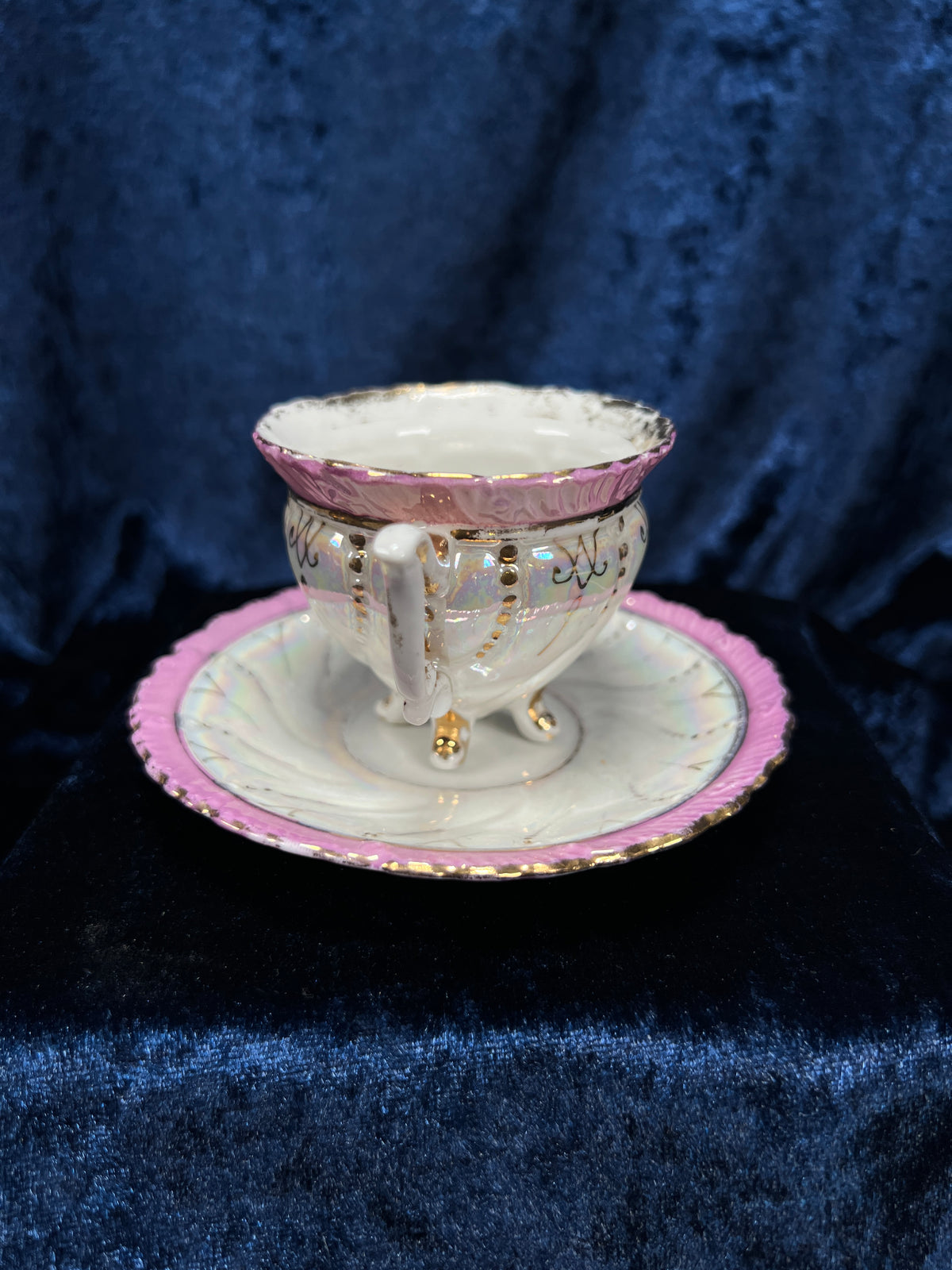 Vintage Porcelain Footed Demitasse Cup and Saucer - Purple and Gold Opalescent Finish