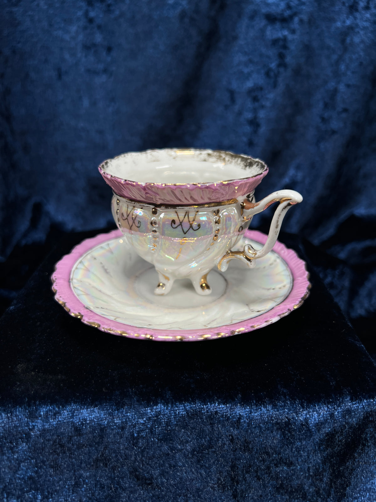 Vintage Porcelain Footed Demitasse Cup and Saucer - Purple and Gold Opalescent Finish